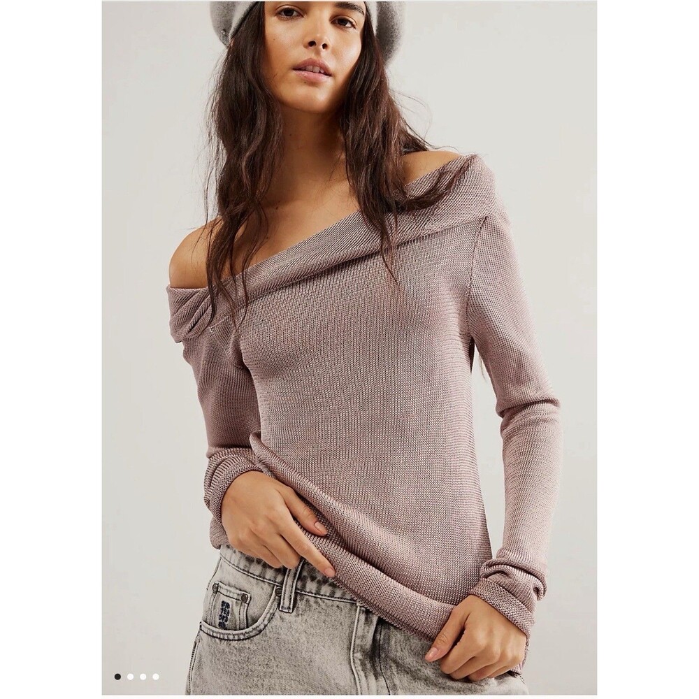 Free People Sophie Knit Sweater Mauve Asymmetric Hem Cowl Boat Neck Top Size M